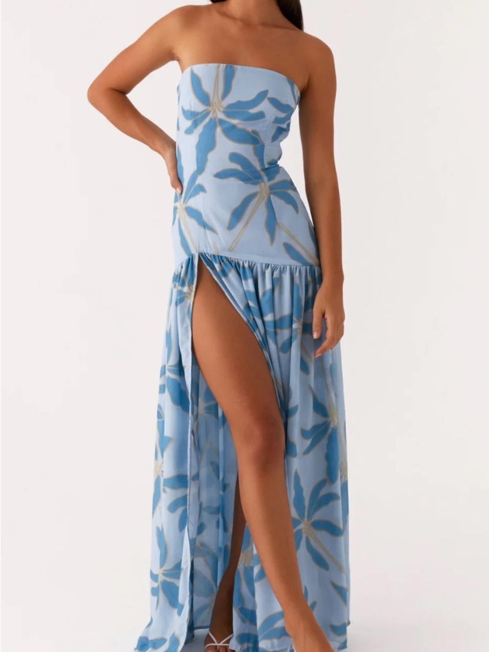 Sky Blue Strapless Floral Maxi Dress with High Slit - Picture 1 of 2